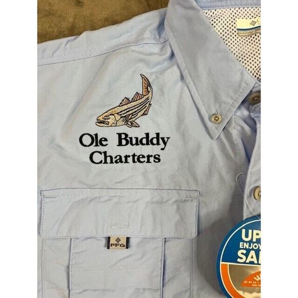 Columbia Mens PFG Short Sleeve Fishing Shirt Sz M‎ Blue NWT Ole Buddy Charters - Picture 1 of 5